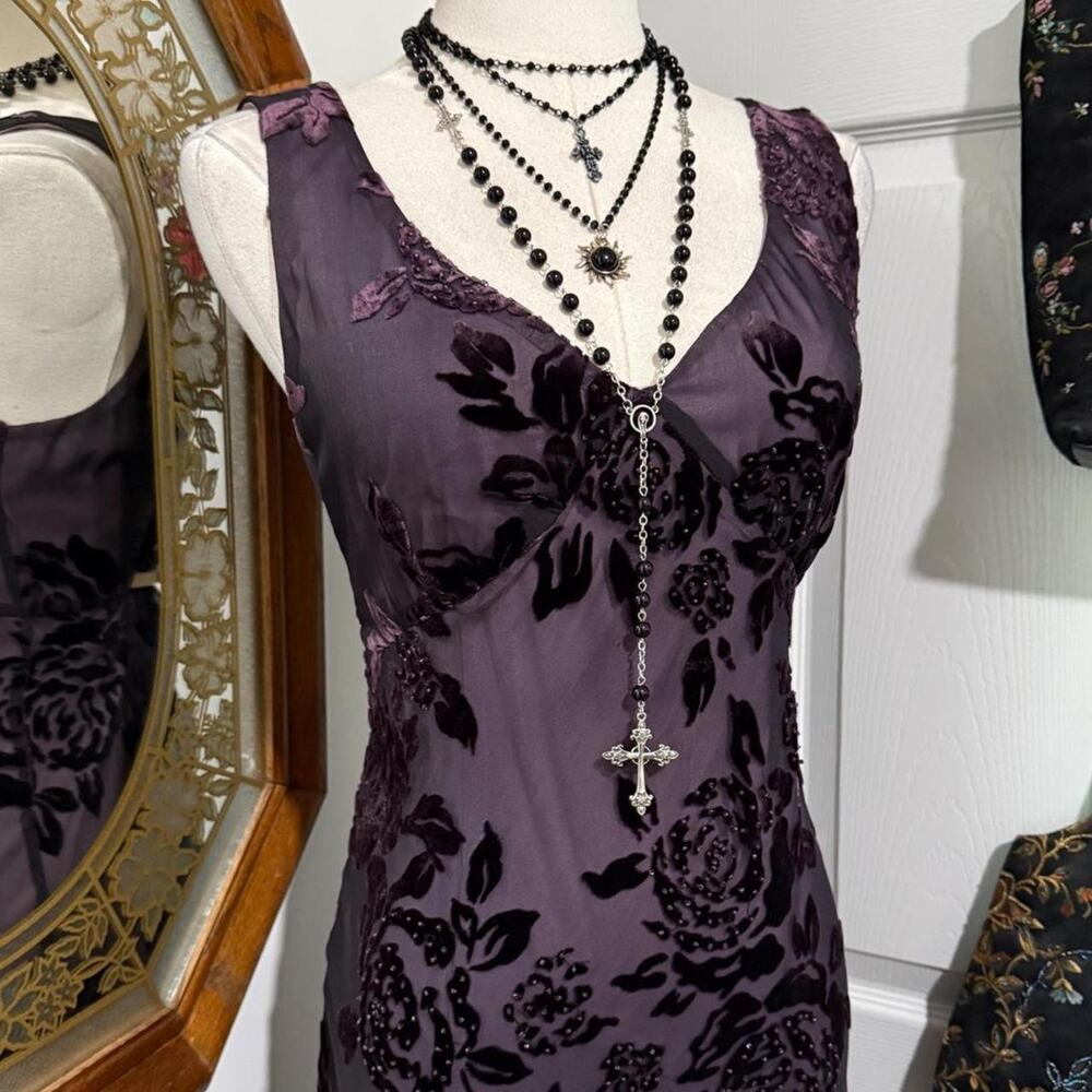 VTG Y2K Robbie Bee Black & Pink/Purple Floral Velvet Burnout Beaded Silk Dress - Picture 2 of 8